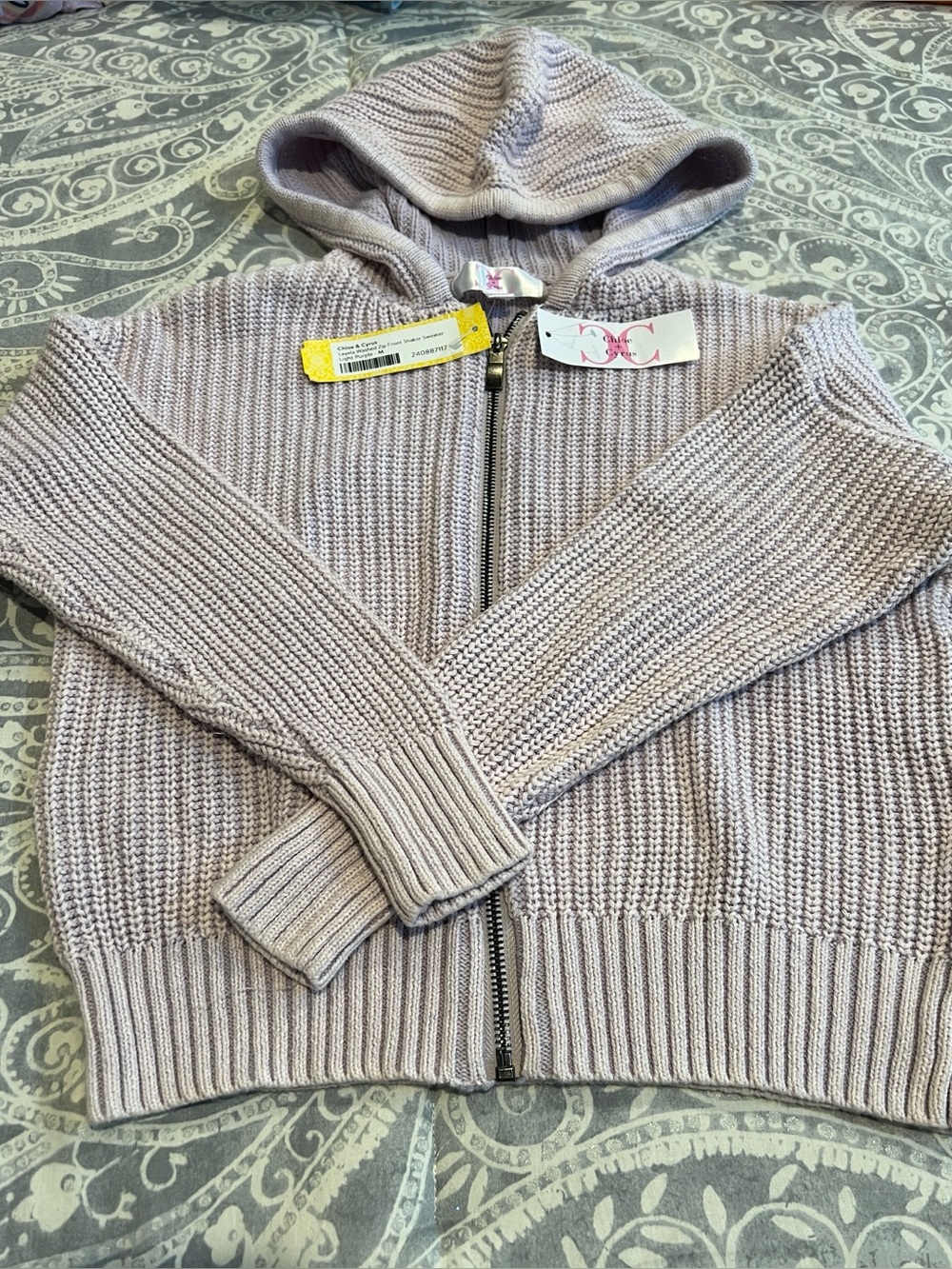 NWT Chloe & Cyrus Lavender Zip-Front Hooded Shaker Knit Sweater Size Medium